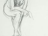 dessin représentant un homme assis sur un tabouret, les jambes croisées
