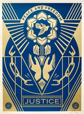 une affiche bleue et dorée représentant deux mains tenant une fleur