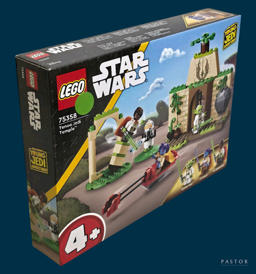 une boîte contenant des sets Lego Star Wars sur fond bleu