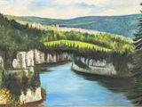painting of a river running through a valley surrounded by trees