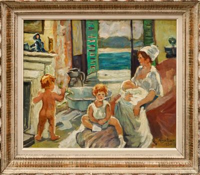 un tableau représentant une femme tenant un bébé dans ses bras et deux enfants