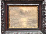 an oil painting of a sunset over the ocean with a boat in the distance