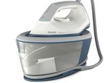 a close up of a white and blue steam iron on a white background