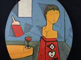 un tableau représentant un homme avec un verre de vin posé sur une table