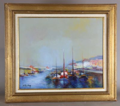 an oil painting of a harbor scene with boats in the water