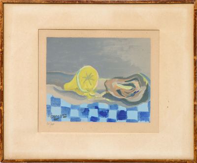 une peinture à l'huile représentant un citron et un verre posés sur une nappe à carreaux bleus et blancs