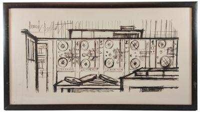 drawing of a drawing of a room with a bed and a table