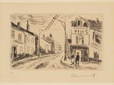 drawing of two people walking down a street in front of a tall building