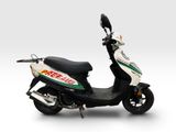 a white scooter with a green and red stripe on it