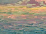 an oil painting of a sunset over the ocean with a boat in the distance
