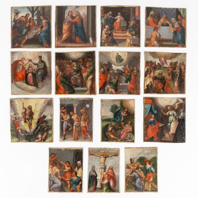 an image of a group of paintings of people and animals