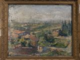 an image of a painting of a landscape with houses in the distance