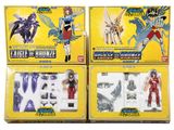 three boxes of action figures of various types and colors