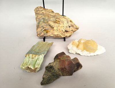 Plusieurs types de roches sont exposés sur une surface blanche