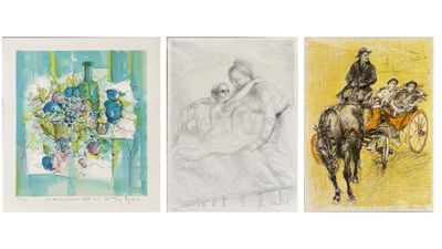 quatre dessins de couleurs différentes représentant des personnes à cheval et une calèche