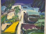 an oil painting of a person walking down a path near a body of water
