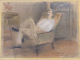 painting of a man sitting in a chair with his feet up