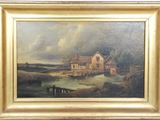 an image of a painting of a farm scene with a river and a house