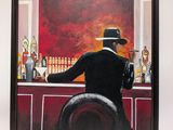 painting of a man sitting at a bar with a hat on his head