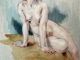 an image of a painting of a nude woman sitting on the ground