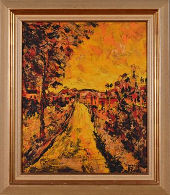 une peinture représentant une route avec des arbres et des bâtiments en arrière-plan