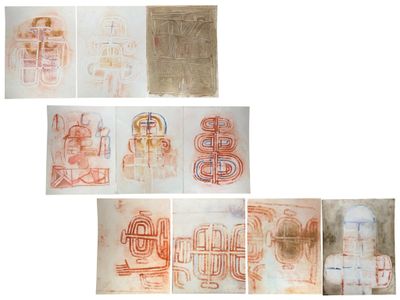 Plusieurs dessins de formes et de tailles variées sont représentés sur une feuille de papier