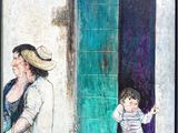 a painting of a woman and a child in front of a blue door