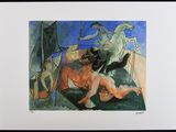 framed and matted print of a painting of a man on a horse and a woman on a horse and a man on a horse