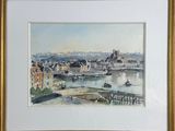 aquarelle encadrée représentant une vue de ville avec un pont