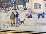 un tableau représentant une calèche tirée par des chevaux, avec des personnes et un chien