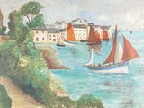 une peinture représentant un voilier sur l'eau, près d'une ville