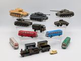 many different types of toy vehicles in a display case