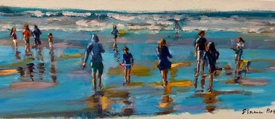 painting of a group of people walking on a beach with surfboards