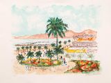 tableau représentant une vue de plage avec des palmiers et des personnes dans l'eau