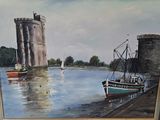 a painting of a boat on the water next to a castle