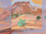 an oil painting of a desert scene with a tree in the foreground