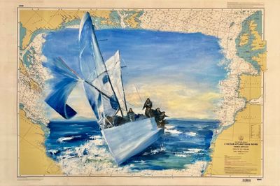 un tableau représentant un homme sur un voilier en pleine mer