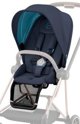 a baby stroller with a blue seat and a white handlebar