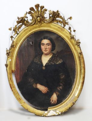 portrait of a woman in a black dress in a gold frame