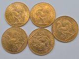 six gold sovereigns of different sizes and shapes on a white surface