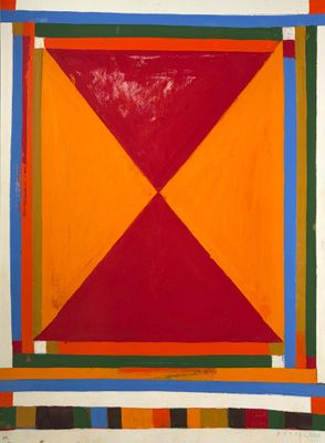 une peinture abstraite représentant un carré orné d'un motif rouge, jaune, vert et bleu