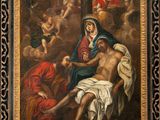 a painting of a woman sitting on a man ' s lap with angels around her