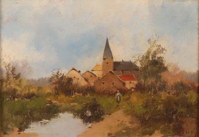 painting of a village with a church and a stream in the foreground