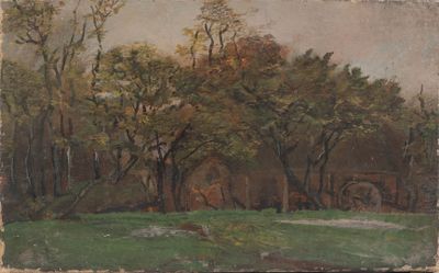 peinture représentant un paysage avec des arbres et un bâtiment en arrière-plan
