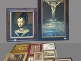 several framed and unframed paintings of a woman with a crucififix