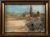 an image of a painting of a desert scene with a house in the distance