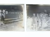 two old black and white photos of a man on a horse