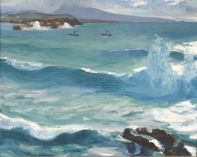 a painting of a wave coming in to the shore
