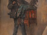 painting of a man carrying a bird cage with a cat in it