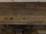 a wooden table with a clock on top of it
